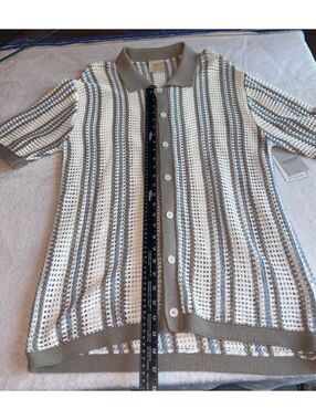 Massive Luxury Men L Crochet Knit Striped Stitch Resort Polo